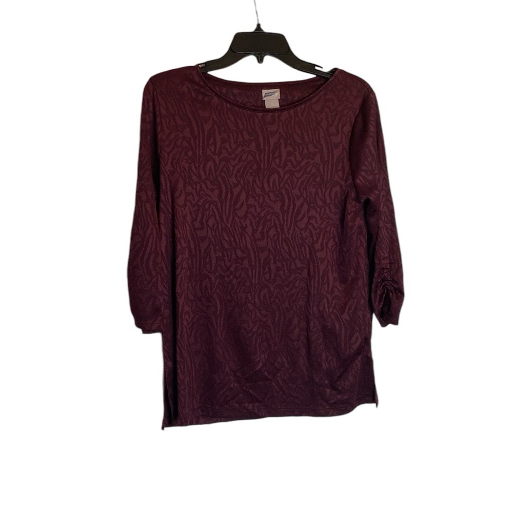 Chico’s Women Textured Ruched Sleeve Top Size 0 Maroon 3/4 Sleeves Blouse Office